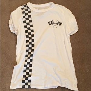 White “racecar” shirt with checkered graphics